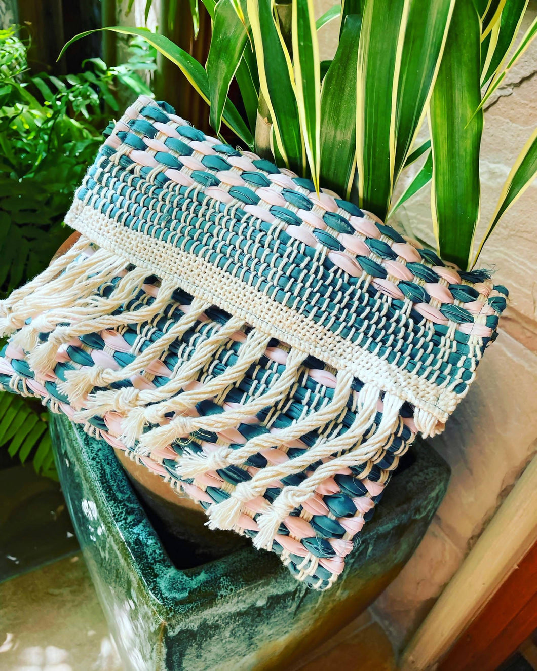 Fringed Pink & Teal - Recycled, Handwoven Clutch Bag