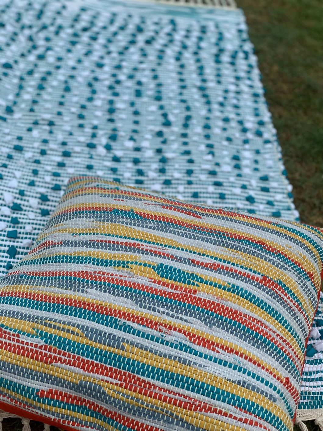 Teal Rug & Multicolour Cushion