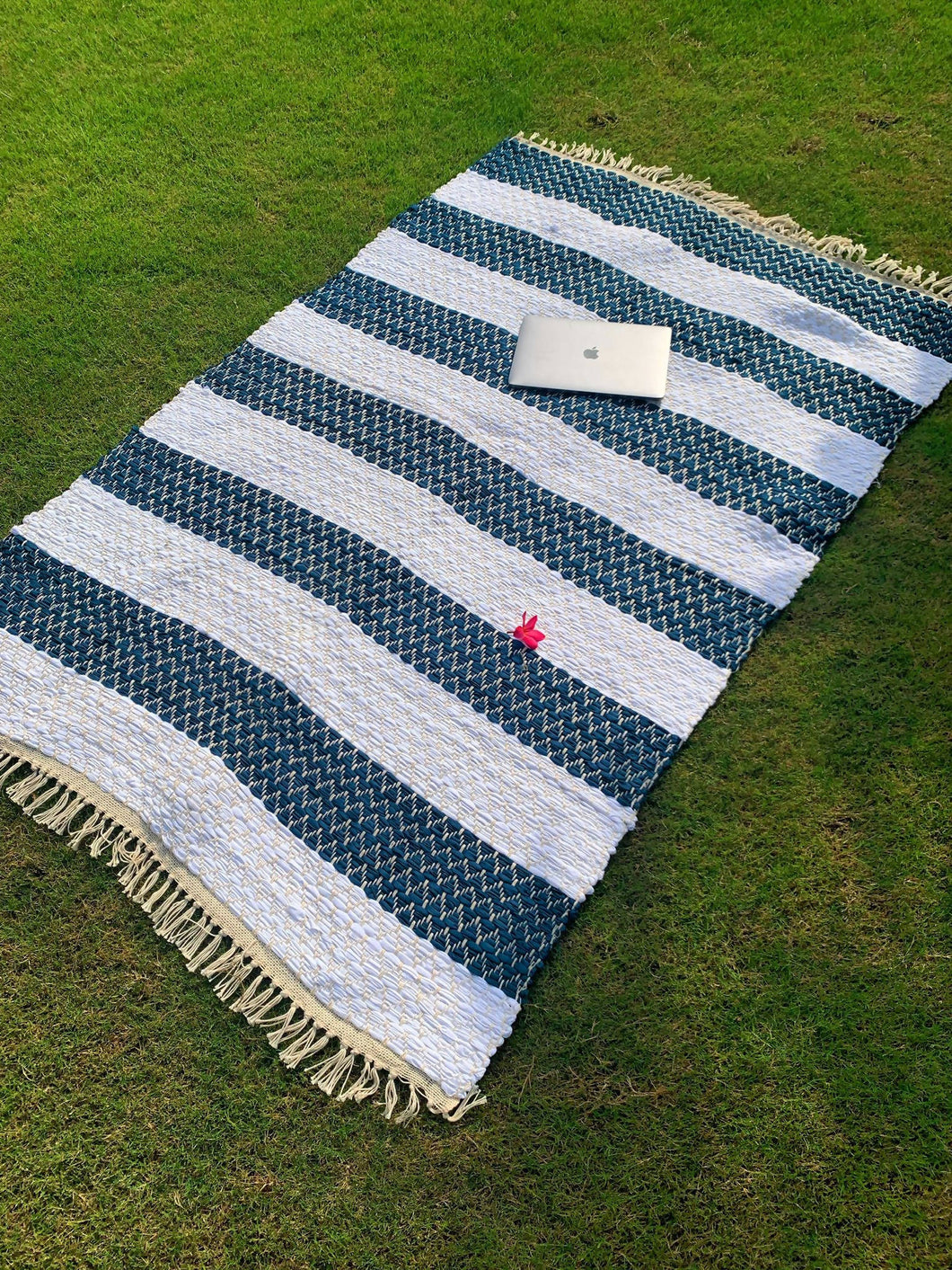 White and Blue Striped Recycled, Handwoven Rug