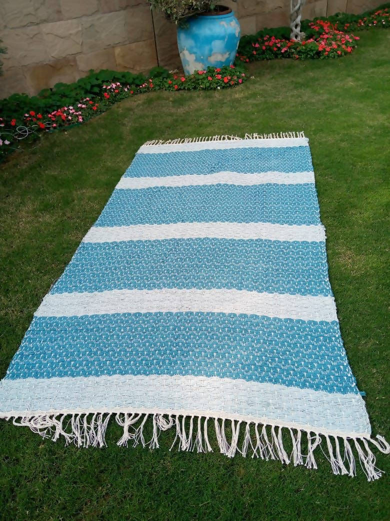 Blue & White Recycled, Handwoven Rug - 4ft x 7ft