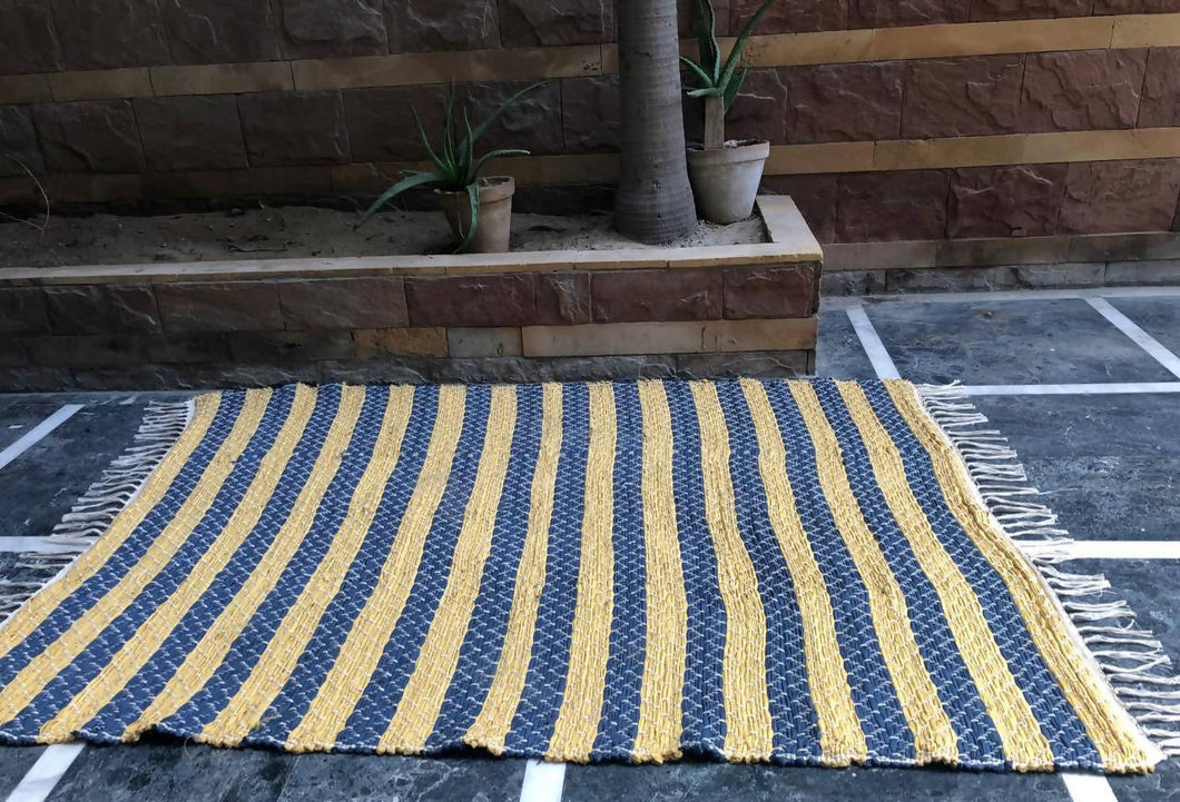 Blue and Yellow Striped Recycled, Handwoven Rug