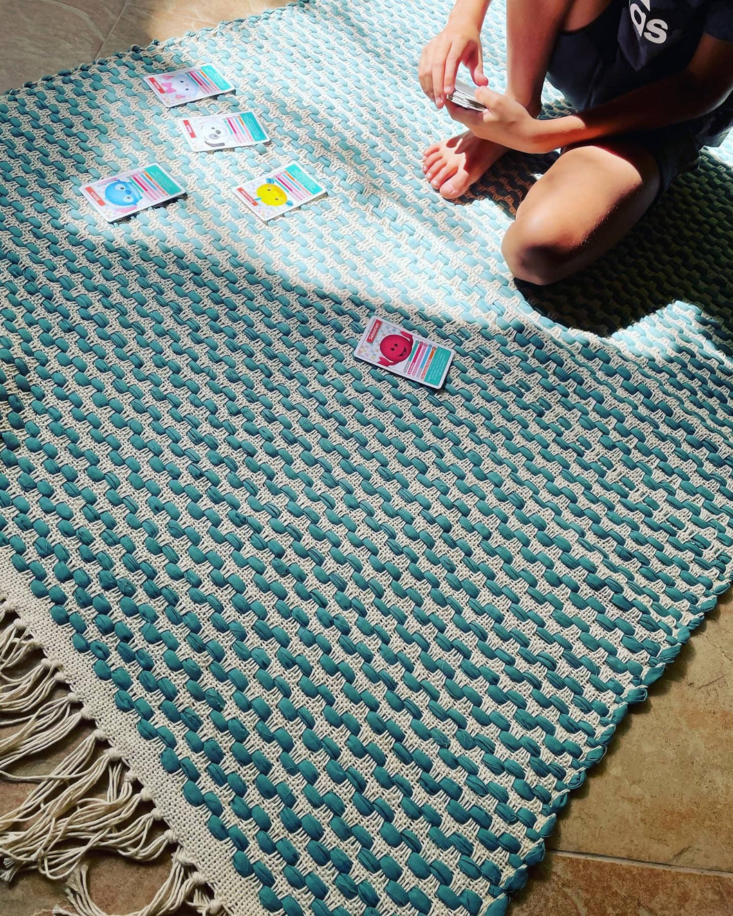 Teal Spots - Recycled, Handwoven Rug - 3'x7'