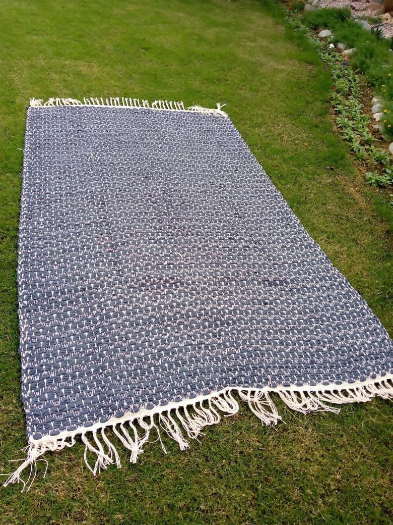 Blue, Frayed Edge, Recycled, Handwoven Rug - 4'x7'