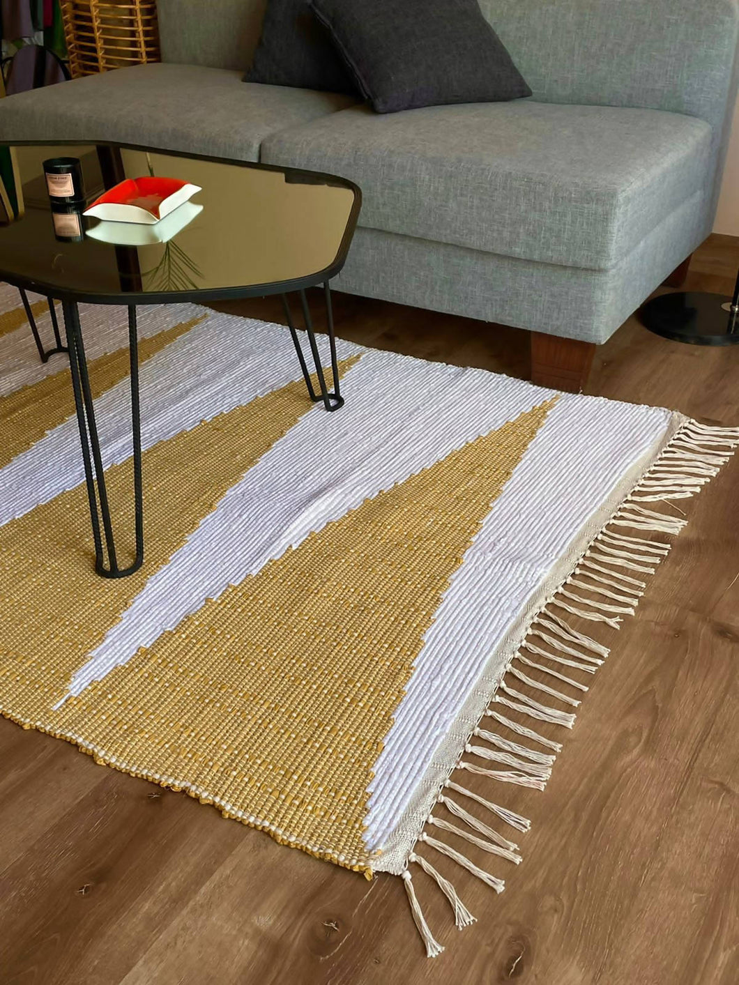 Yellow & White Recycled, Handwoven Rug - 4’x7’